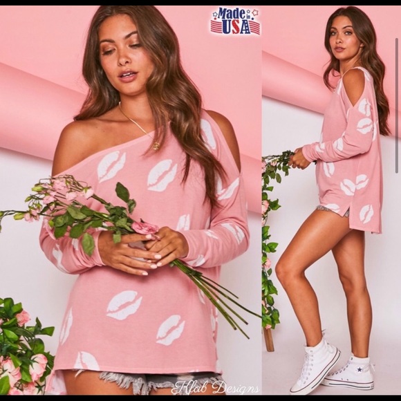 Fantastic Fawn Tops - New! Sale!🔥 Barbie Pink w/ Lips Asymmetrical Cut Out Shoulder Cold Shoulder Top